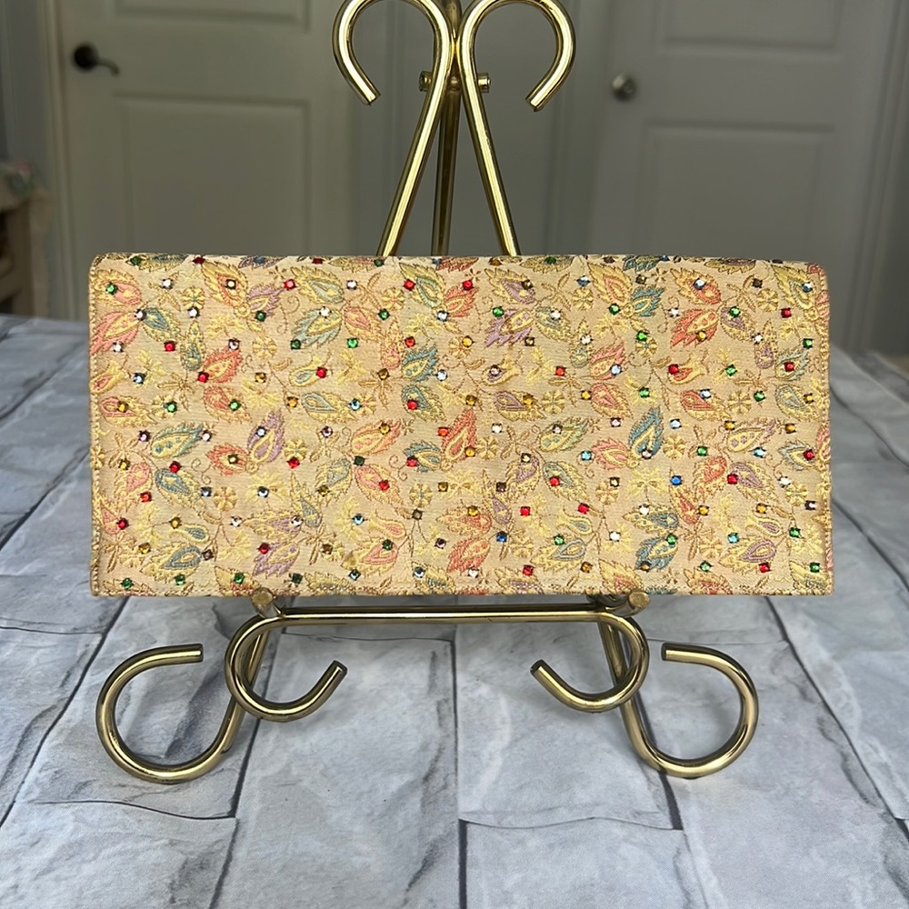 Vintage MAGID SATIN embroidery bling clutch with coin purse and mirror.